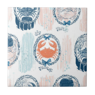 Nautical Crab Blue Orange Coastal Striped Pattern Tile
