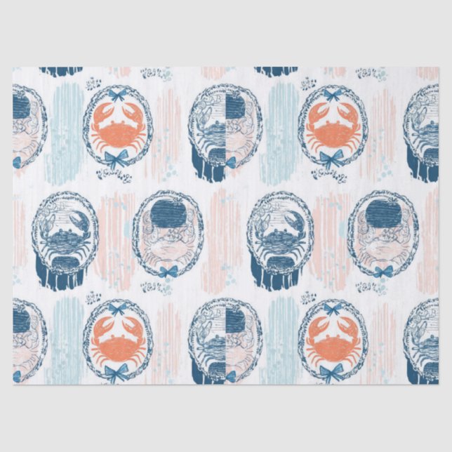 Nautical Crab Blue Orange Coastal Striped Pattern Tissue Paper (Front)