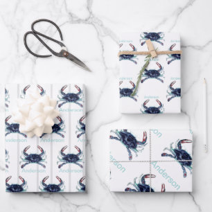  Nautical Crab Ocean Navy Blue, Teal   Wrapping Paper Sheet