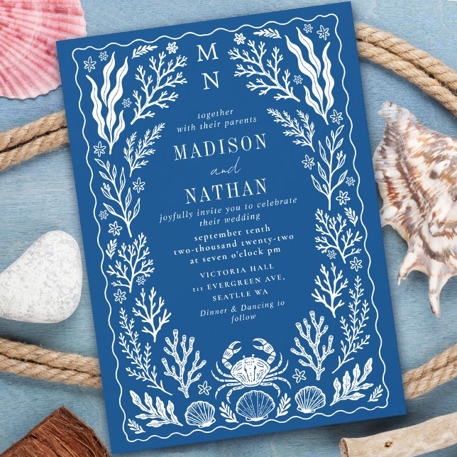 Nautical Crab Shell Ocean Beach Blue Wedding Invitation (Creator Uploaded)