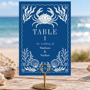 Nautical Crab Shell Ocean Beach Blue Wedding Table Number