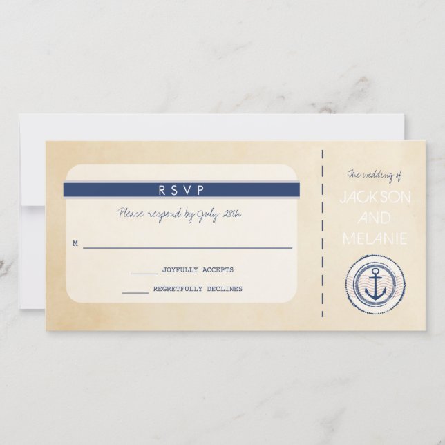 Nautical Cruise Ship Boarding Pass RSVP Thank You Card (Front)