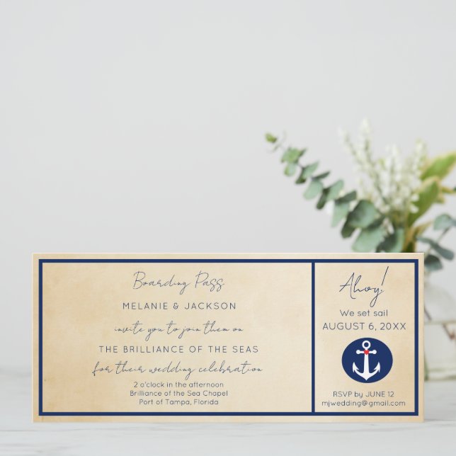 Nautical Cruise Ship Boarding Pass Wedding  Invitation (Standing Front)