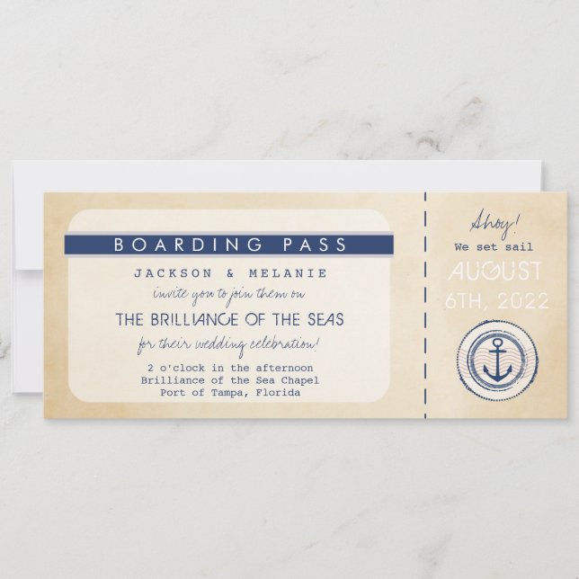 Nautical Cruise Ship Boarding Pass Wedding Invite (Front)