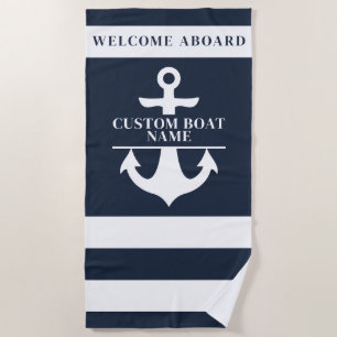 Nautical Custom Boat Name Anchor Navy Striped Beach Towel