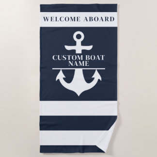 Nautical Custom Boat Name Anchor Navy Striped Beach Towel