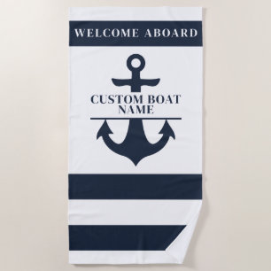 Nautical Custom Boat Name Anchor Navy Striped  Beach Towel