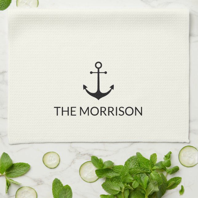 Nautical Custom Boat Name black anchor ivory Tea Towel (Folded)