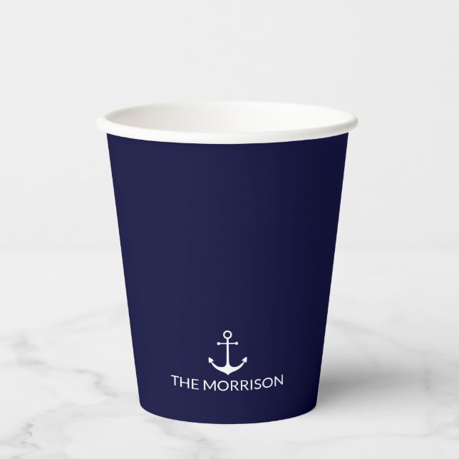 Nautical Custom Boat Name dark navy white anchor Paper Cups (Front)