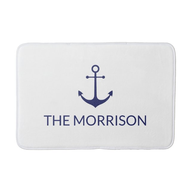 Nautical Custom Boat Name navy blue anchor white Bath Mat (Front)