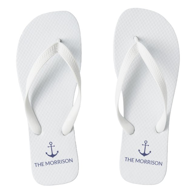 Nautical Custom Boat Name navy blue anchor white Jandals (Footbed)