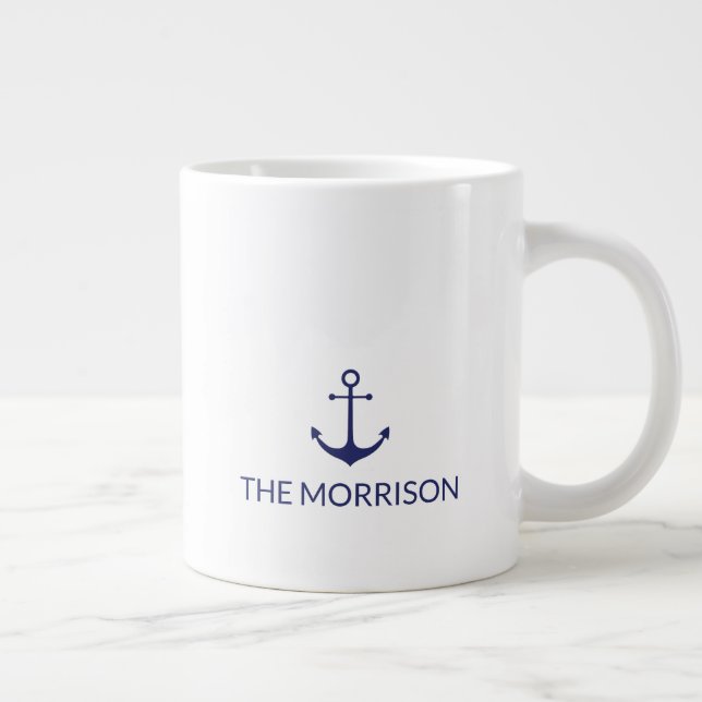 Nautical Custom Boat Name navy blue anchor white Large Coffee Mug (Right)