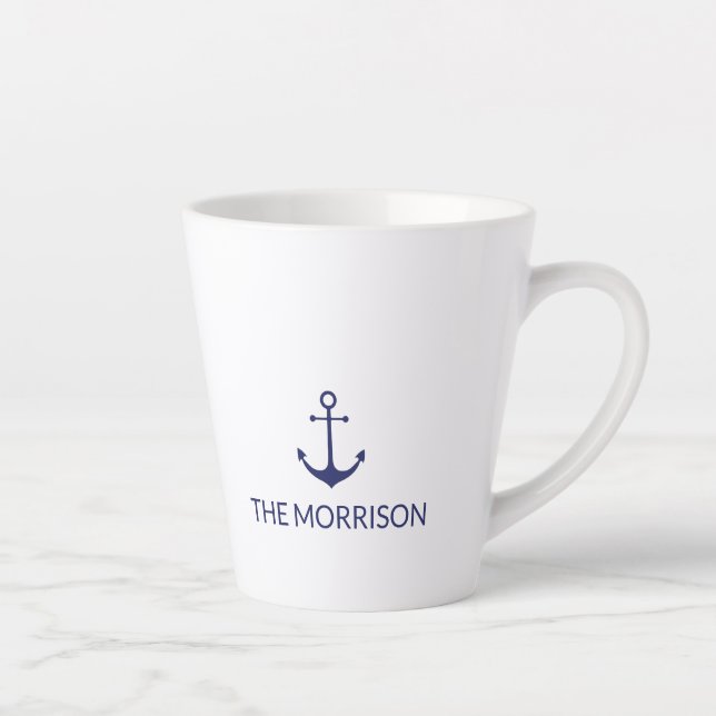 Nautical Custom Boat Name navy blue anchor white Latte Mug (Right)