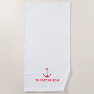 Nautical Custom Boat Name red anchor white Beach Towel