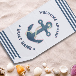 Nautical Custom boat name welcome aboard anchor  Beach Towel