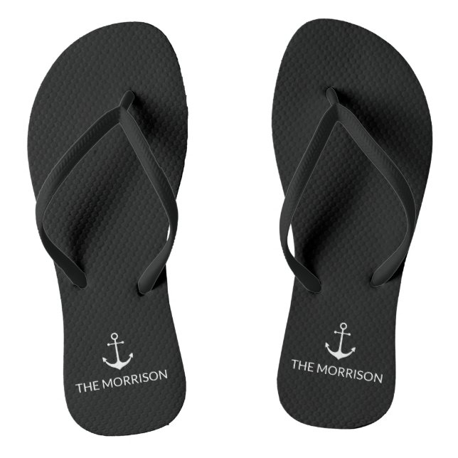 Nautical Custom Boat Name white anchor black Jandals (Footbed)