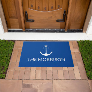 Nautical Custom Boat Name white anchor blue Doormat