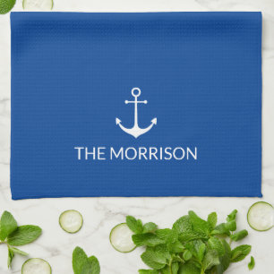 Nautical Custom Boat Name white anchor blue Tea Towel