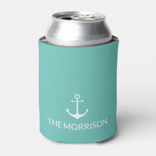 Nautical Custom Boat Name white anchor light teal Can Cooler