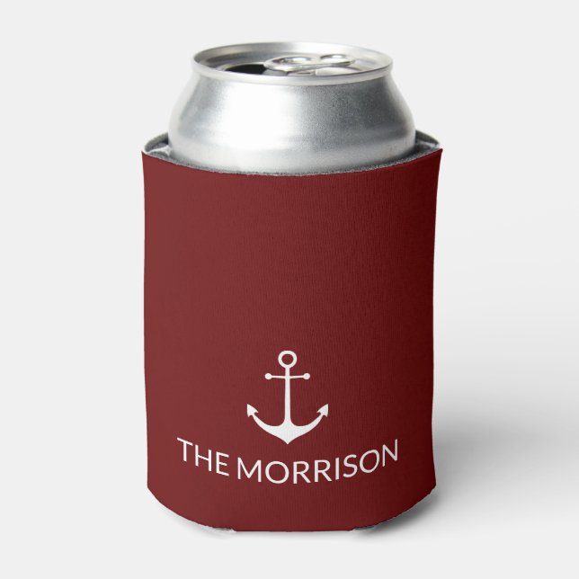 Nautical Custom Boat Name white anchor maroon Can Cooler (Can Front)