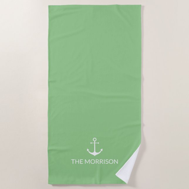 Nautical Custom Boat Name white anchor sage green Beach Towel (Front)