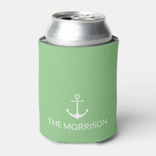 Nautical Custom Boat Name white anchor sage green Can Cooler