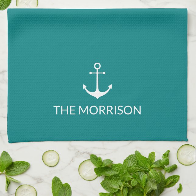 Nautical Custom Boat Name white anchor teal Tea Towel (Folded)