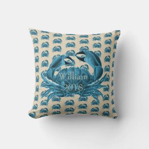 Nautical Custom Name Crab in Blue and Tan Cushion