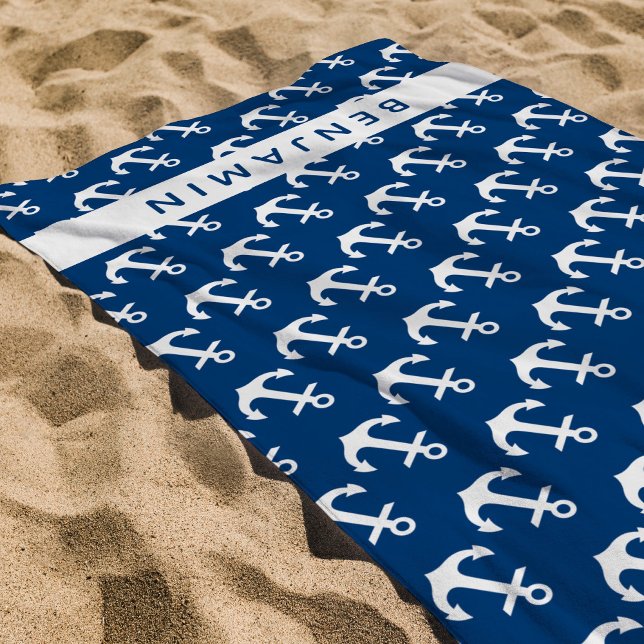 Nautical Custom Name Navy Blue White Anchor Beach Towel (Creator Uploaded)