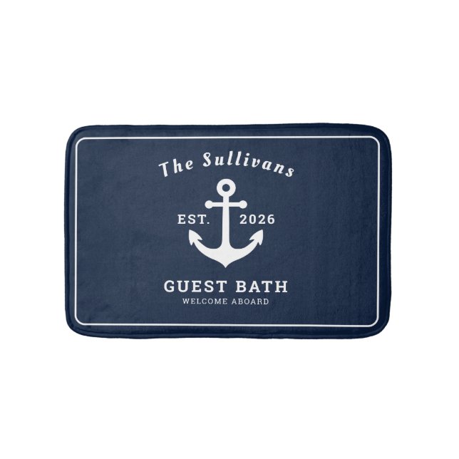 Nautical Custom Navy Blue Anchor Monogram Bath Mat (Front)