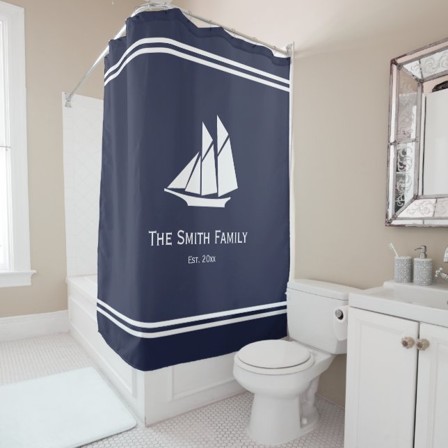 Nautical Custom Text on Midnight Blue and White Shower Curtain (In Situ)