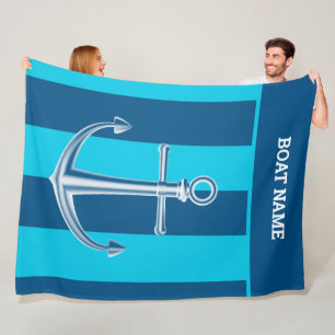 Nautical Customise Boat Name Anchor Navy Blue Fleece Blanket