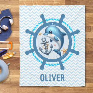 Nautical Cute Dolphin & Anchor in Ship Wheel Fleece Blanket