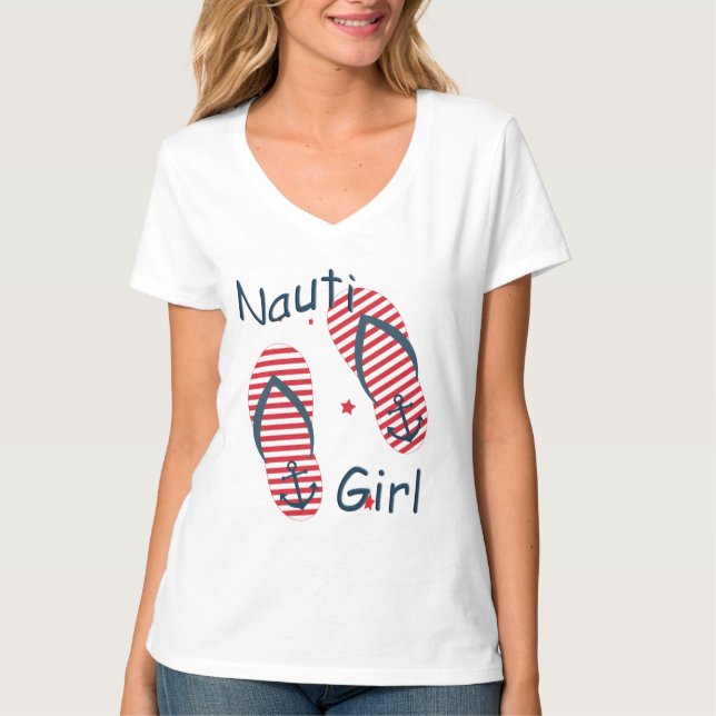 Nautical Cute Flip Flop Design Nauti Girl T-shirt (Front)