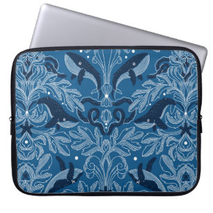 Nautical damask texture with whales, modern vintag laptop sleeve