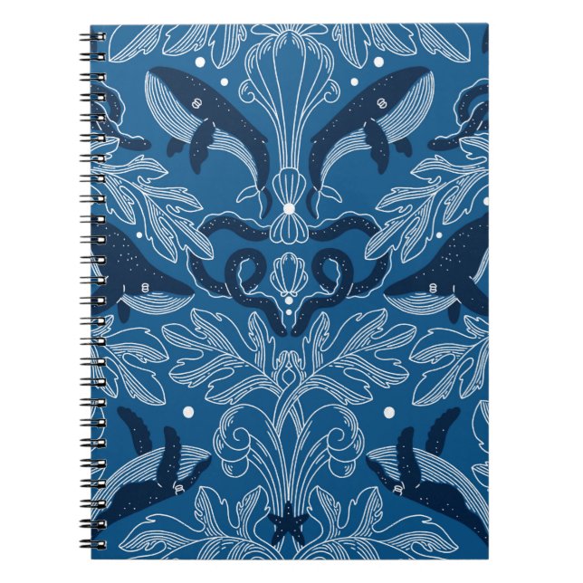 Nautical damask texture with whales, modern vintag notebook (Front)