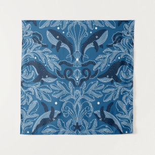 Nautical damask texture with whales, modern vintag tapestry