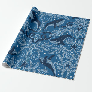 Nautical damask texture with whales, modern vintag wrapping paper