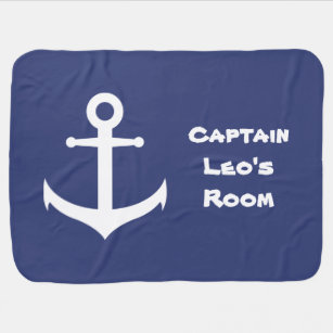 Nautical Dark Blue and White Anchor Kids Name Text Baby Blanket