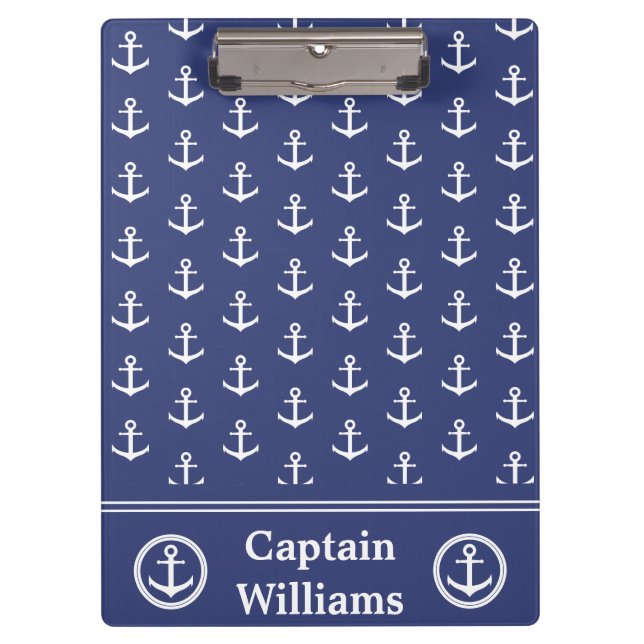 Nautical Dark Blue and White Name Anchor Pattern Clipboard (Front)