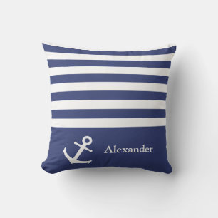 Nautical Dark Blue and White Stripes Name Anchor Cushion