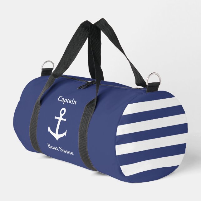 Nautical Dark Blue White Anchor Boat Name Captain Duffle Bag (Left Corner)