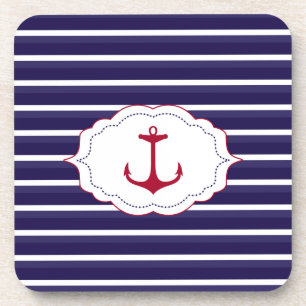 Nautical Dark Blue White Stripes Red Anchor Coaster