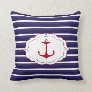 Nautical Dark Blue White Stripes Red Anchor Cushion