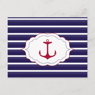 Nautical Dark Blue White Stripes Red Anchor Postcard