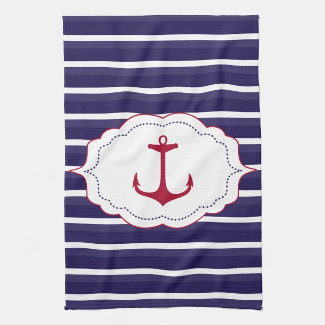Nautical Dark Blue White Stripes Red Anchor Tea Towel (Vertical)