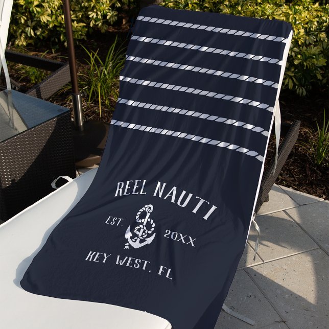 Nautical Dark Navy Rustic Anchor Stripe Boat Name Beach Towel (Creator Uploaded)
