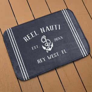 Nautical Dark Navy Rustic Anchor Your Boat Name Bath Mat