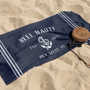 Nautical Dark Navy Rustic Anchor   Your Boat Name Beach Towel