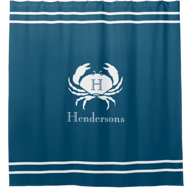Nautical Dark Teal Blue White Crab Monogram Name Shower Curtain (Front)
